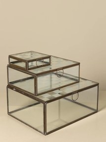 Set 3 cutii decorative din sticlă transparentă și metal auriu, capac cu balama și model în carouri mate, mâner inel, finisaj antichizat, 11 x 25 x 20