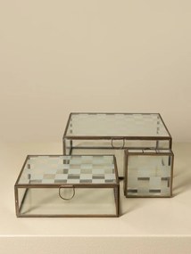 Set 3 cutii decorative din sticlă transparentă și metal auriu, capac cu balama și model în carouri mate, mâner inel, finisaj antichizat, 11 x 25 x 20