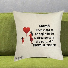 Cadou pentru Mama - Perna Personalizata Mama Nemuritoare cu Bebelus Kawaii, 40x40 cm, Ecru, Husa Detasabila, Perna Inclusa, BEKZ®