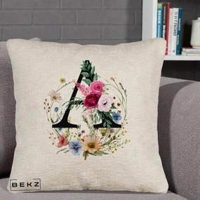Cadou Personalizat - Perna Personalizata Monogram Litera A cu Flori Acuarela, 40x40 cm, Bej Canapea, Husa Detasabila, Perna Inclusa, BEKZ®