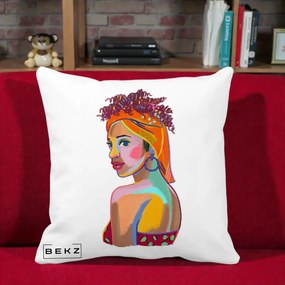 Perna Decorativa Portret Femeie Colorat Pop Art, 40x40 cm, Alba Mata, Husa Detasabila, Perna Inclusa, BEKZ®
