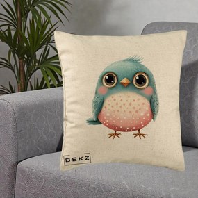 Perna Decorativa Pasare Teal-Roz cu Pete, 40x40 cm, Bej, Husa Detasabila, Perna Inclusa, BEKZ®