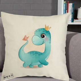 Perna Personalizata Dinozaur Bland Coroana Kawaii, 40x40 cm, Ecru, Husa Detasabila, Perna Inclusa, BEKZ®