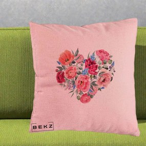 Perna Decorativa Inima din Bujori Acuarela, 40x40 cm, Roz, Husa Detasabila, Perna Inclusa, BEKZ®
