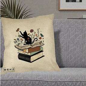 Perna Personalizata Pisica Neagra Carti Flori Fluturi, 40x40 cm, Crem, Husa Detasabila, Perna Inclusa, BEKZ®