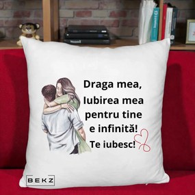 Cadou pentru Iubita - Perna Personalizata Draga Mea Iubirea Mea Infinita Te Iubesc cu Cuplu Acuarela, 40x40 cm, Alb Pufos, Husa Detasabila, Perna Inclusa, BEKZ®