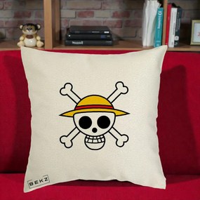Perna Personalizata One Piece Jolly Roger Straw Hat Pirates, 40x40 cm, Ecru, Husa Detasabila, Perna Inclusa, BEKZ®