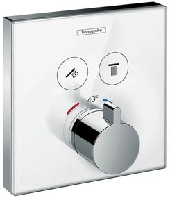 Baterie cu termostatat Hansgrohe, ShowerSelect Glass, cu 2 functii, finisaj sticla, alb crom