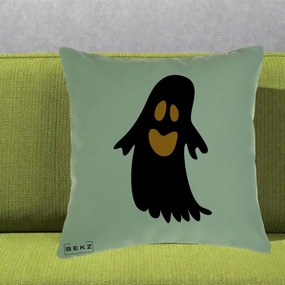 Perna Decorativa Halloween Fantoma Neagra cu Ochi Portocalii, 40x40 cm, Verde, Husa Detasabila, Perna Inclusa, BEKZ®