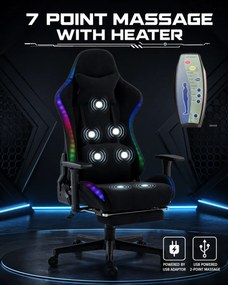 Scaun Gaming cu Masaj 7 Puncte și Încălzire, RGB, Iluminare LED Multicolor, Telecomenzi, Cotiere 3D, Reclinare 180°, Suport Picioare, Catifea, Negru