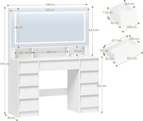 Masuta machiaj cu Oglinda LED si 9 Sertare pentru Cosmetice, Set Masa toaleta 109 cm, Alb, masuta cosmetica, vanity - SEA19