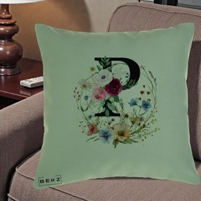 Cadou Personalizat - Perna Personalizata Monogram Litera P cu Flori Acuarela, 40x40 cm, Verde, Husa Detasabila, Perna Inclusa, BEKZ®