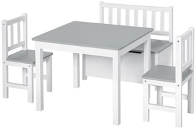 HOMCOM Set Mobilier pentru Copii 4 Piese, Masă, 2 Scaune, Bancă Depozitare, Lemn Multifuncțional, Alb și Gri | Aosom Romania
