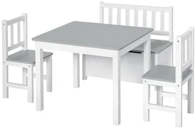 HOMCOM Set Mobilier pentru Copii 4 Piese, Masă, 2 Scaune, Bancă Depozitare, Lemn Multifuncțional, Alb și Gri | Aosom Romania