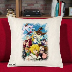 Perna Personalizata Nanatsu no Taizai Cele Sapte Pacate Mortale Anime, 40x40 cm, Crem Reliefat, Husa Detasabila, Perna Inclusa, BEKZ®
