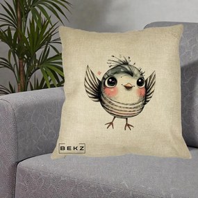 Perna Decorativa Pasare Gri cu Aripi si Inimioare, 40x40 cm, Crem, Husa Detasabila, Perna Inclusa, BEKZ®