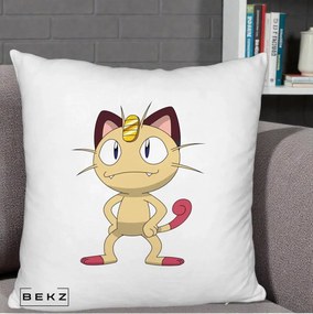 Perna Personalizata Meowth Pokemon, 40x40 cm, Alb Pufos, Husa Detasabila, Perna Inclusa, BEKZ®