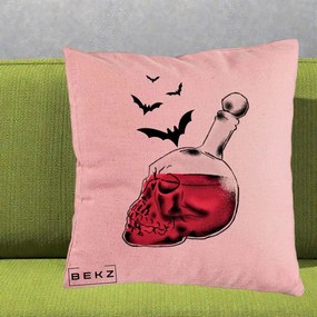 Perna Decorativa Halloween Craniu-Sticla cu Lilieci, 40x40 cm, Roz, Husa Detasabila, Perna Inclusa, BEKZ®