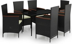 vidaXL Set de masă pentru grădină, 7 piese, cu perne, negru