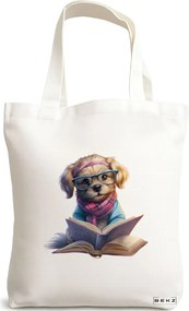 Sacosa de Panza pentru Cumparaturi, Geanta Tote, model Reading puppy 31 38 x 34.5 cm, Alba, BEKZ®