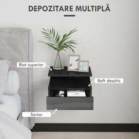 HOMCOM Set de 2 Noptiere Moderne Suspendate pentru Dormitor cu Sertar și Raft, 35x32x22,5 cm, Negru Lucios | Aosom Romania