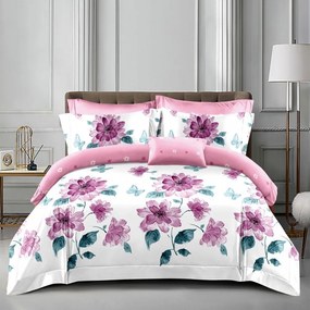 Lenjerie pat dublu cu două feţe  4 piese  Bumbac Satinat Superior  Roz  flori