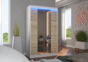 Dulap cu usi glisante si oglinda + iluminare LED, Marvin 120 + LED, 120 cmx200 cmx58 cm, ADRK Furniture (Culoare: Negru / Alb)