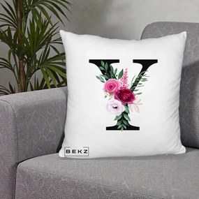 Cadou Personalizat - Perna Personalizata Monograma Florala Litera Y cu Buchet, 40x40 cm, Alb Pufos, Husa Detasabila, Perna Inclusa, BEKZ®