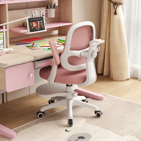 Scaun ergonomic pentru copii, spatar relgabil adancime, suport picioare reglabil, rotativ, Roz