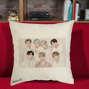 Perna Personalizata K-pop BTS Foto Grup Landscape Pastel, 40x40 cm, Ecru, Husa Detasabila, Perna Inclusa, BEKZ®