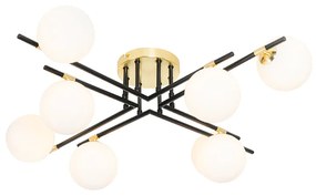 Plafoniera neagra cu auriu si sticla opala cu 8 lumini - Lynn