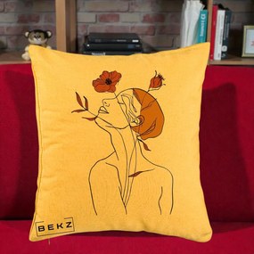 Perna Decorativa Portret Feminin Mac Privire Inalta, 40x40 cm, Galben, Husa Detasabila, Perna Inclusa, BEKZ®