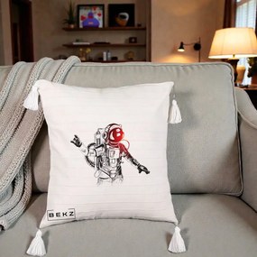 Perna Decorativa Astronaut Rock Sketching, 40x40 cm, Bej cu Franjuri, Husa Detasabila, Perna Inclusa, BEKZ®