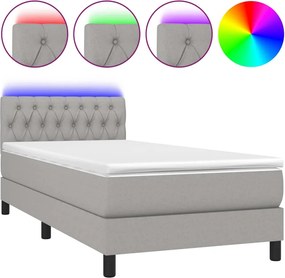 vidaXL Pat cu arcuri, saltea și LED, gri deschis, 90x190 cm, textil