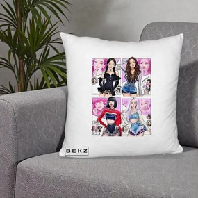 Perna Personalizata K-pop BLACKPINK Fanart Manga Benzi Desenate 4 Membre, 40x40 cm, Alb Pufos, Husa Detasabila, Perna Inclusa, BEKZ®