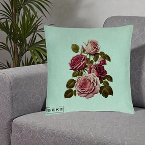 Perna Decorativa Trandafiri Vintage Roz-Rosii, 40x40 cm, Verde Menta, Husa Detasabila, Perna Inclusa, BEKZ®