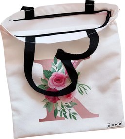 Sacosa de Panza pentru Cumparaturi, Geanta Tote, Cu litera K Rose Gold si Trandafiri, Cu fermoar, 38x34.5 cm, Alba, BEKZ®