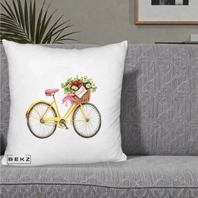 Perna Decorativa Bicicleta Galbena cu Cos de Flori Primavara, 40x40 cm, Alb Pufos, Husa Detasabila, Perna Inclusa, BEKZ®