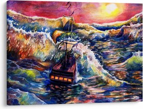 Tablou - Navă pe valurile oceanului, aquarelă (70x50 cm)