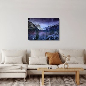 Tablou pe sticlă cu peisaj montan iarna (70x50 cm)