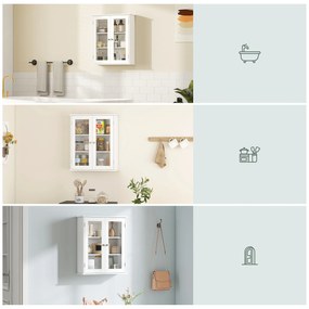 Kleankin Dulap de Baie Suspendat cu 2 Uși din Lemn și Sticlă, Dulap de Perete Multifuncțional, 55x20x65 cm, Alb | Aosom Romania