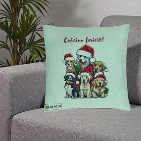 Perna Decorativa Caini cu Bonete Craciun Fericit, 40x40 cm, Verde Menta, Husa Detasabila, Perna Inclusa, BEKZ®