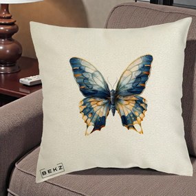 Perna Decorativa Fluture Albastru Auriu Elegant, 40x40 cm, Ecru, Husa Detasabila, Perna Inclusa, BEKZ®