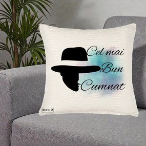 Cadou pentru Cumnat - Perna Personalizata Cel mai Bun Cumnat cu Silueta Palarie si Pete Teal-Roz, 40x40 cm, Crem Reliefat, Husa Detasabila, Perna Inclusa, BEKZ®