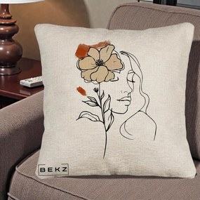 Perna Decorativa Portret Feminin Floare Bej Terracotta, 40x40 cm, Bej Canapea, Husa Detasabila, Perna Inclusa, BEKZ®