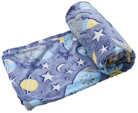 Patura fosforescenta microflanel COMET AND ROCKET 150x200 cm albastru-gri