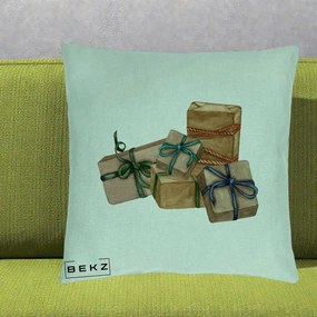Perna Decorativa Cadouri de Craciun Kraft, 40x40 cm, Verde Menta, Husa Detasabila, Perna Inclusa, BEKZ®