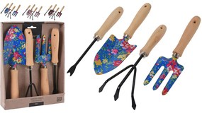Set 4 unelte gradina, 23.5x5.5x31 cm, corp otel, maner din lemn, negru/natur/albastru