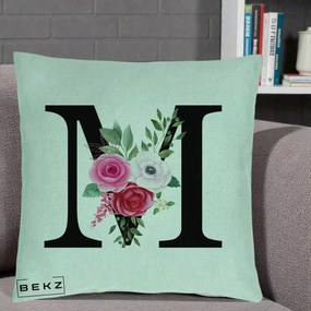 Cadou Personalizat - Perna Personalizata Monograma Florala Litera M cu Trandafiri si Anemona, 40x40 cm, Verde Menta, Husa Detasabila, Perna Inclusa, BEKZ®
