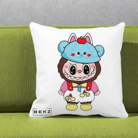 Perna Personalizata Labubu x Urs Albastru Colorat, 40x40 cm, Alba Mata, Husa Detasabila, Perna Inclusa, BEKZ®